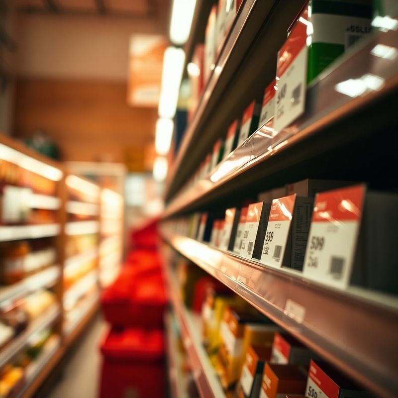 Raft de supermarket cu etichete de preț, în lumină caldă